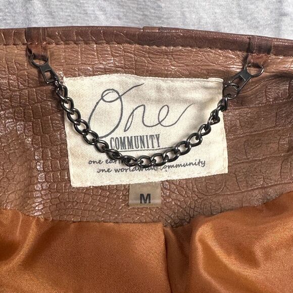 One Community Women's Medium Faux Leather Moto Biker Jacket Brown Zipper - Picture 8 of 8